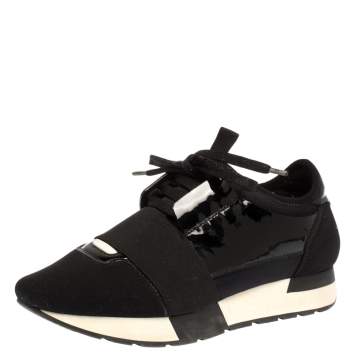 Pre Owned Balenciaga Black Patent And Stretch Fabric Race Runners Sneakers Size 36