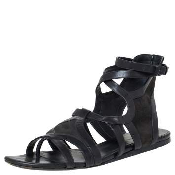 Pre Owned Balenciaga Grey Leather Gladiator Flat Sandals Size 40.5
