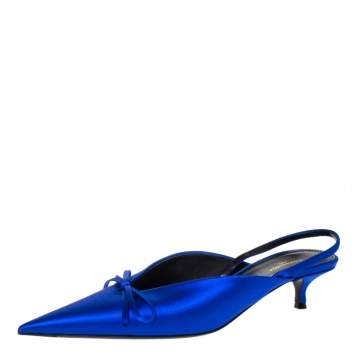 Pre Owned Balenciaga Blue Satin Bow Pointed Toe Mules Size 36.5