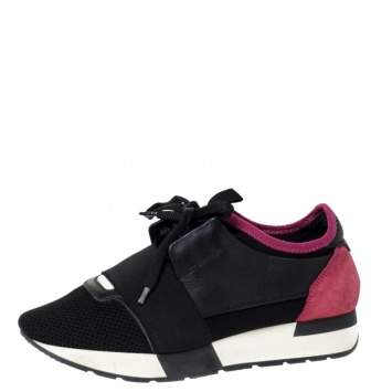 Pre Owned Balenciaga Black/Pink Leather And Mesh Race Runner Low Top Sneakers Size 37