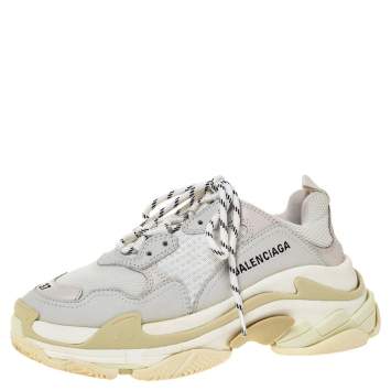 Pre Owned Balenciaga White Leather And Mesh Triple S Platform Sneakers Size 37