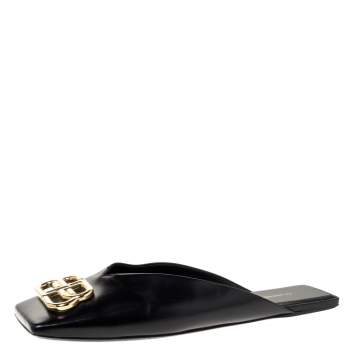 Pre Owned Balenciaga Black Leather Double Square BB Flat Mules Size 38