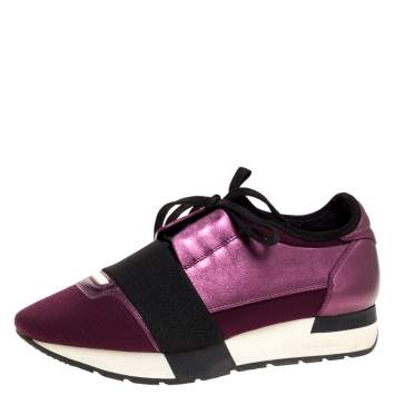 Pre Owned Balenciaga Purple/Black Leather and Fabric Race Runner Sneakers Size 36 