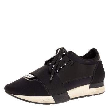 Pre Owned Balenciaga Black Patent And Fabric Race Runner Low Top Sneakers Size 37