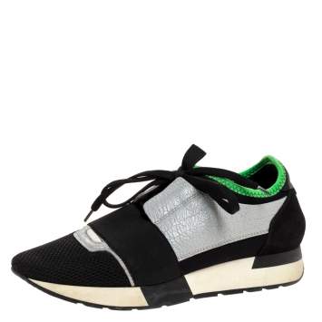 Pre Owned Balenciaga Black/Grey Mesh, Suede And Leather Race Runner Sneakers Size 38