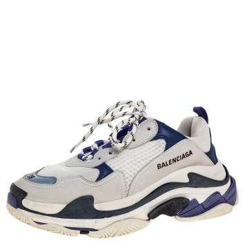 Pre Owned Balenciaga White/Purple Leather and Mesh Triple S Platform Sneakers Size 39