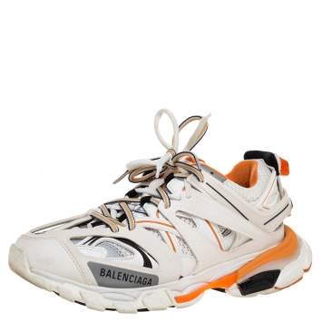 Pre Owned Balenciaga White/Orange Rubber And Mesh Track Trainers Size 39