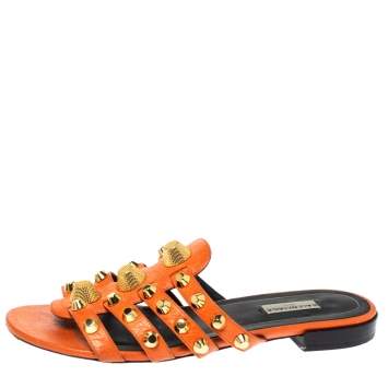 Pre Owned Balenciaga Orange Studded Leather Arena Strappy Flat Slides Size 39