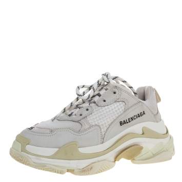 Pre Owned Balenciaga White/Beige Leather And Mesh Triple S Trainer Sneakers Size 35