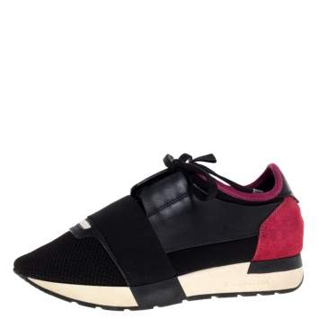 Pre Owned Balenciaga Black/Pink Leather And Mesh Race Runner Low Top Sneakers Size 37