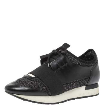 Pre Owned Balenciaga Black Shimmery Fabric and Leather Race Runners Sneakers Size 38