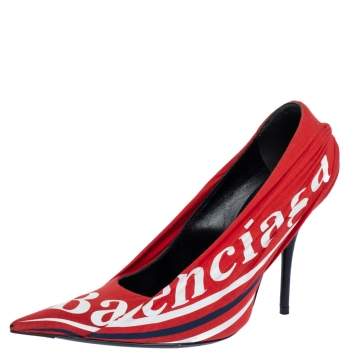 Pre Owned Balenciaga Red Fabric And Leather Knife Logo Pointed Toe Pumps Size 37