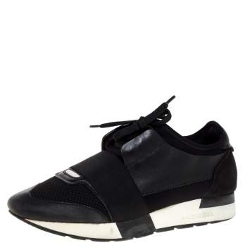 Pre Owned Balenciaga Black Leather, Suede and Mesh Race Runner Sneakers Size 38