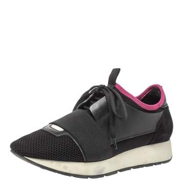 Pre Owned Balenciaga Black Mesh And Leather Race Runner Low Top Sneakers Size 36