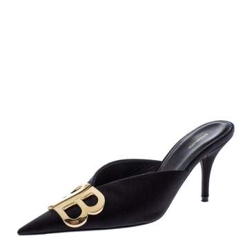 Pre Owned Balenciaga Black Satin BB Logo Pointed Toe Mules Size 37