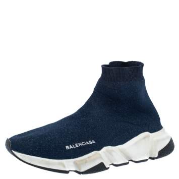 Pre Owned Balenciaga Shimmery Navy Blue Knit Fabric Speed Trainer Sneakers Size 40