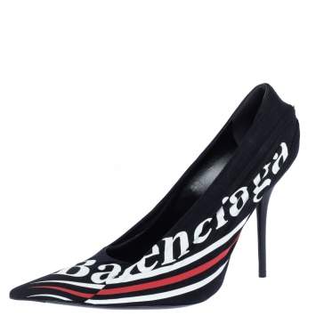 Pre Owned Balenciaga Black Logo Printed Draped Jersey And Leather Knife Pointed Toe Pumps Size 41