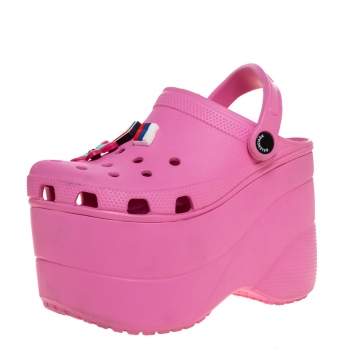 Pre Owned Balenciaga Pink Rubber Crocs Embellished Platform Slingback Sandals Size 35