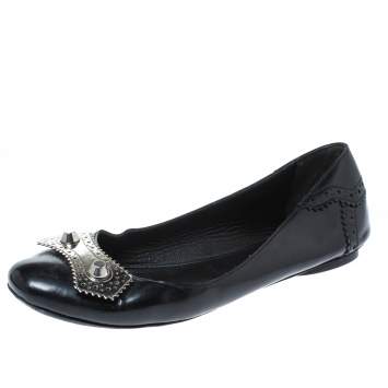 Pre Owned Balenciaga Black Brogue Glossy Leather Metal Arena Ballet Flats Size 36
