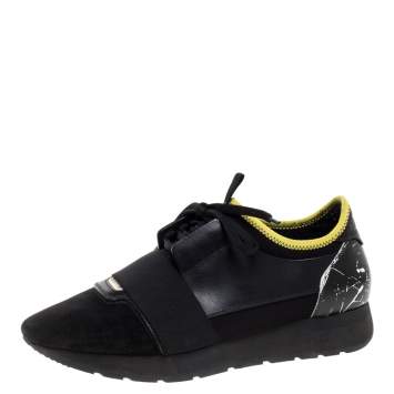 مملوكة مسبقًا Balenciaga Black Leather And Suede Race Runner Low Top Sneakers Size 40