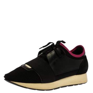 Pre Owned Balenciaga Black Mesh And Leather Race Runners Low Top Sneakers Size 38