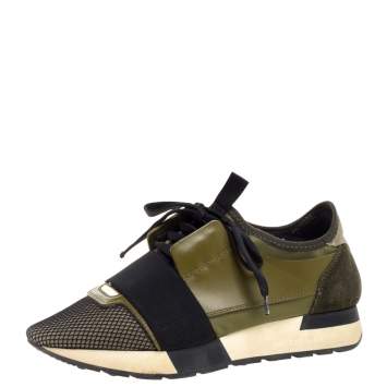 Pre Owned Balenciaga Military Green Leather And Suede Race Runner Low Top Sneakers Size 37