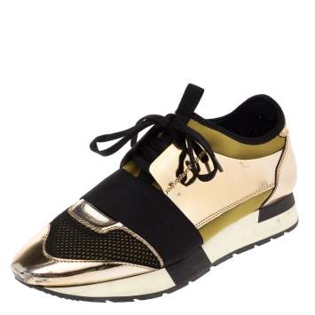 Pre Owned Balenciaga Gold Patent Leather, Mesh and Neoprene Race Runner Sneakers Size 39