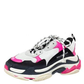 Pre Owned Balenciaga White/Pink Mesh And Leather Triple S Platform Sneakers Size 39