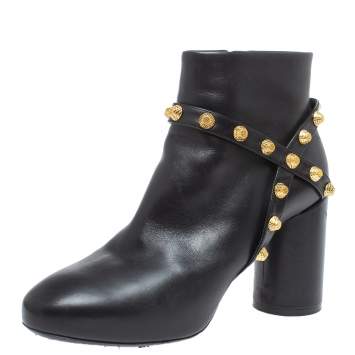 Pre Owned Balenciaga Black Leather Arena Studded Block Heel Ankle Boots Size 35.5
