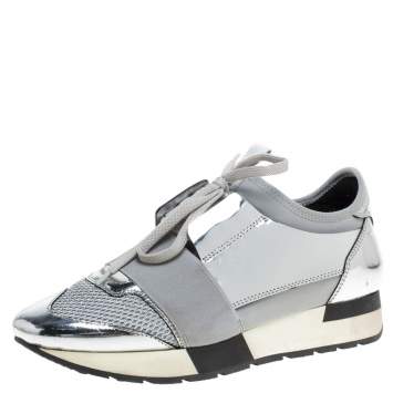 Pre Owned Balenciaga Silver/Grey Leather And Mesh Race Runner Low Top Sneakers Size 37