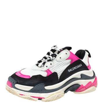 Pre Owned Balenciaga Pink/Black Leather And Mesh Triple S Lace Up Sneakers Size 37