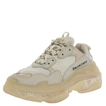 Pre Owned Balenciaga White/Beige Leather And Mesh Triple S Trainer Sneakers Size 37