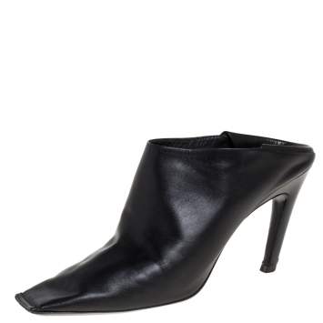 Pre Owned Balenciaga Black Leather Quadro Square Toe Foldable Heel Mules Size 38