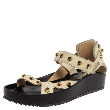 Pre Owned Balenciaga White Leather Arena Studded Platform Sandals Size 40
