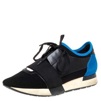 Pre Owned Balenciaga Black/Blue Leather And Mesh Race Runner Low Top Sneakers Size 38