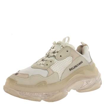 Pre Owned Balenciaga Beige/White Leather And Mesh Triple S Trainer Sneakers Size 38