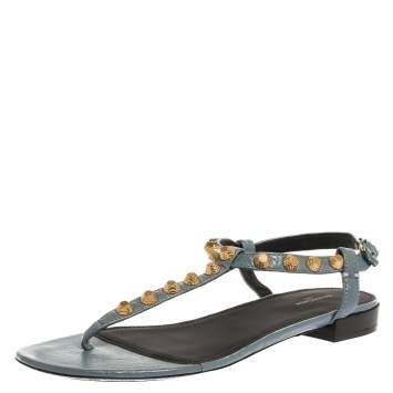 Pre Owned Balenciaga Grey Leather Studded Thong Flat Sandals Size 39