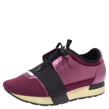 مملوكة مسبقًا Balenciaga Burgundy Leather And Fabric Race Runner Low Top Sneakers Size 37
