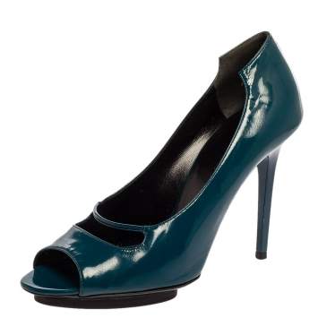 Pre Owned Balenciaga Peacock Blue Patent Leather Peep Toe Pumps Size 39.5