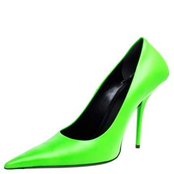Pre Owned Balenciaga Green Leather Square Knife Pointed Toe Pumps Size 39