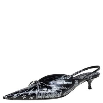 Pre Owned Balenciaga Black Leather Graffiti Knife Slingback Pumps Size 38