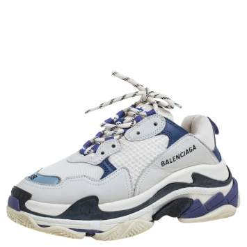 Pre Owned Balenciaga White/Blue Leather And Mesh Triple S Clear Sneakers Size 38