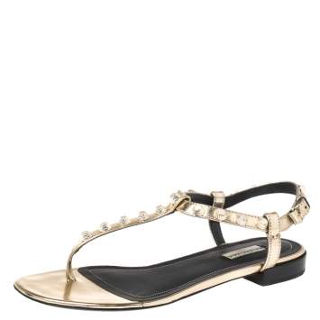 Pre Owned Balenciaga Gold Studded Leather Arena Thong Sandals Size 39