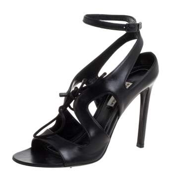 مملوكة مسبقًا Balenciaga Black Leather Cut Out Lace And Ankle Strap Sandals Size 36