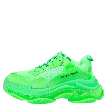 Pre Owned Balenciaga Bright Green Leather And Mesh Triple S Sneakers Size 40