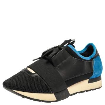 Pre Owned Balenciaga Black/Blue Suede Leather And Mesh Race Runner Low Top Sneakers Size 39