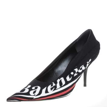 Pre Owned Balenciaga Black Fabric And Leather Knife Logo Pointed Toe Pumps Size 38