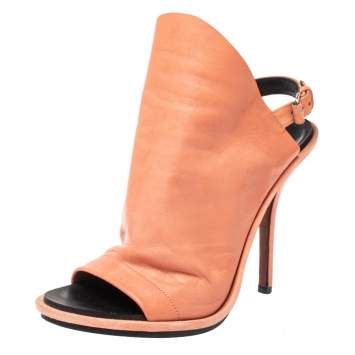 Pre Owned Balenciaga Peach Orange Leather Glove Peep Toe Sandals Size 38