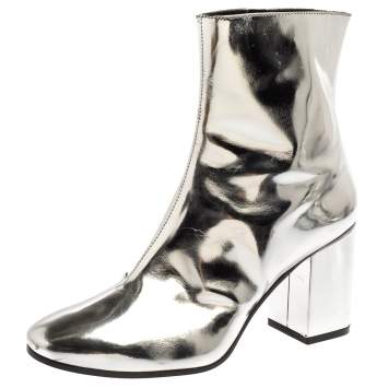 Pre Owned Balenciaga Metallic Silver Patent Leather Ankle Boots Size 37