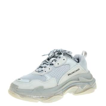 Pre Owned Balenciaga Pearl Grey Mesh And Leather Triple S Low Top Sneakers Size 41